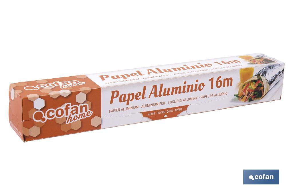 Papel de alumínio para uso doméstico | Medida 16, 30 ou 50 m | Largura 30 cm | Caixa com serra de corte | Antiaderente - Cofan