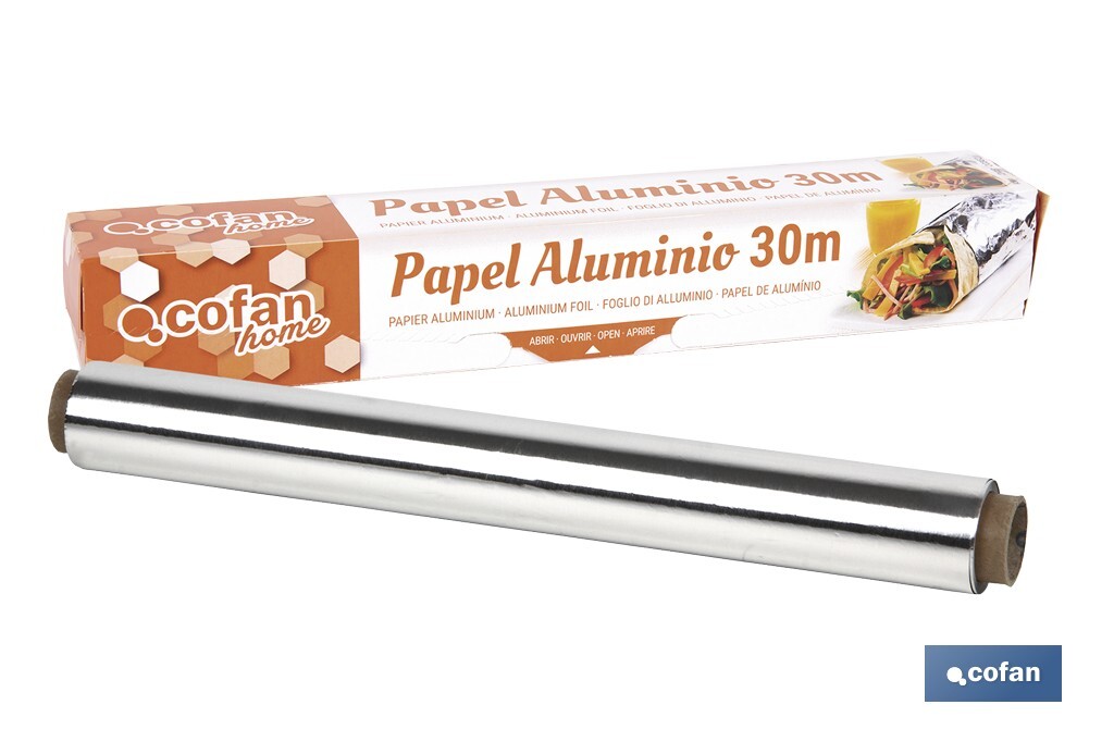 Papel de alumínio para uso doméstico | Medida 16, 30 ou 50 m | Largura 30 cm | Caixa com serra de corte | Antiaderente - Cofan