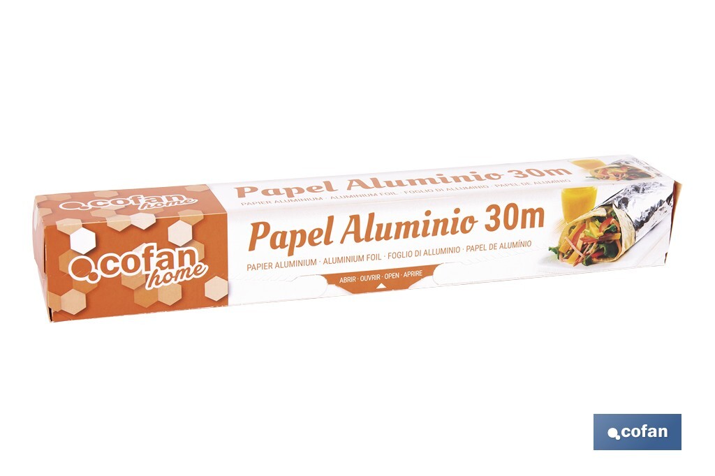 Papel de alumínio para uso doméstico | Medida 16, 30 ou 50 m | Largura 30 cm | Caixa com serra de corte | Antiaderente - Cofan