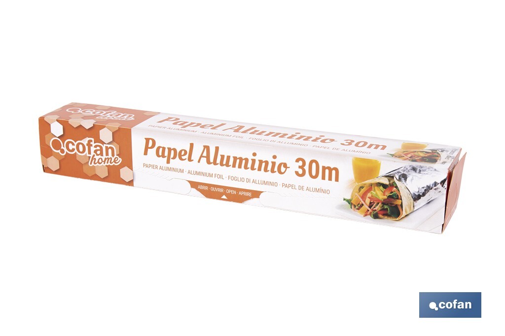 Papel de alumínio para uso doméstico | Medida 16, 30 ou 50 m | Largura 30 cm | Caixa com serra de corte | Antiaderente - Cofan