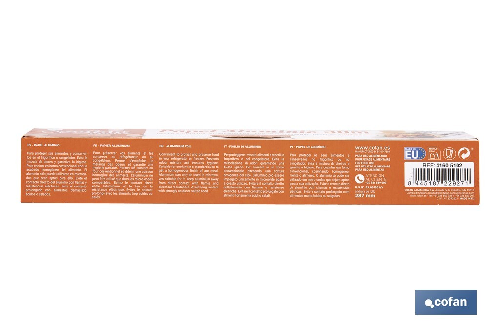 Papel de alumínio para uso doméstico | Medida 16, 30 ou 50 m | Largura 30 cm | Caixa com serra de corte | Antiaderente - Cofan