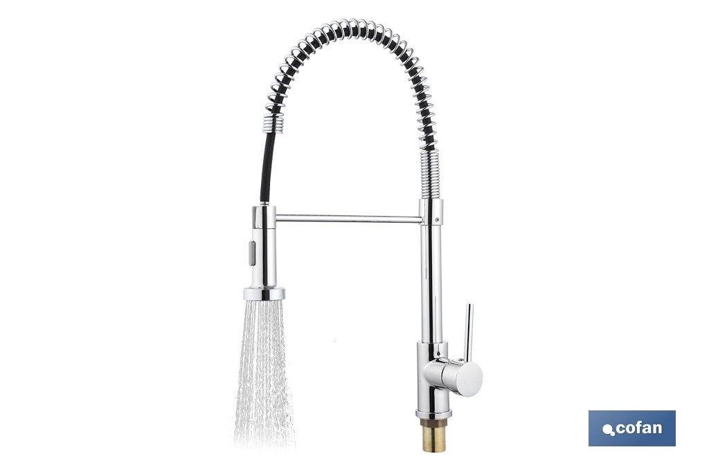 Grifo de cocina monomando con rociador | Caño giratorio 360° | Cuerpo de latón | Medidas: ø5 x 48 x 22 cm | Disponible en acabado cromado - Cofan