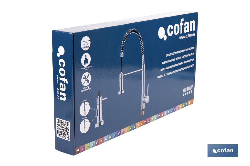 Grifo de cocina monomando con rociador | Caño giratorio 360° | Cuerpo de latón | Medidas: ø5 x 48 x 22 cm | Disponible en acabado cromado - Cofan