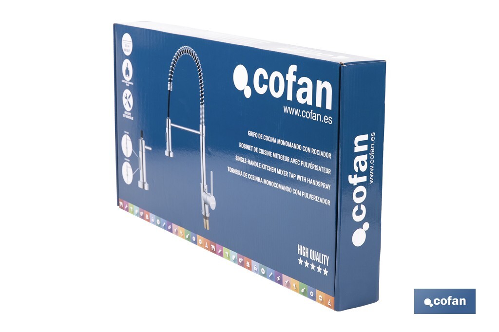 Grifo de cocina monomando con rociador | Caño giratorio 360° | Cuerpo de latón | Medidas: ø5 x 48 x 22 cm | Disponible en acabado cromado - Cofan