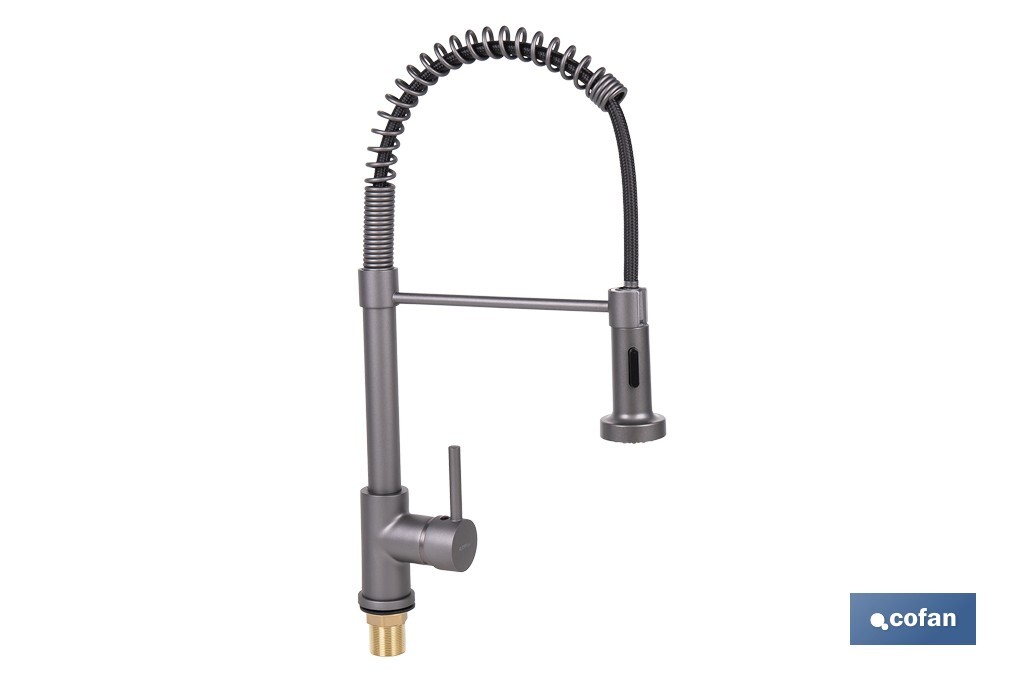 Grifo de cocina monomando con rociador | Caño giratorio 360° | Cuerpo de latón | Medidas: ø5 x 48 x 22 cm | Disponible en gris antracita metalizado - Cofan