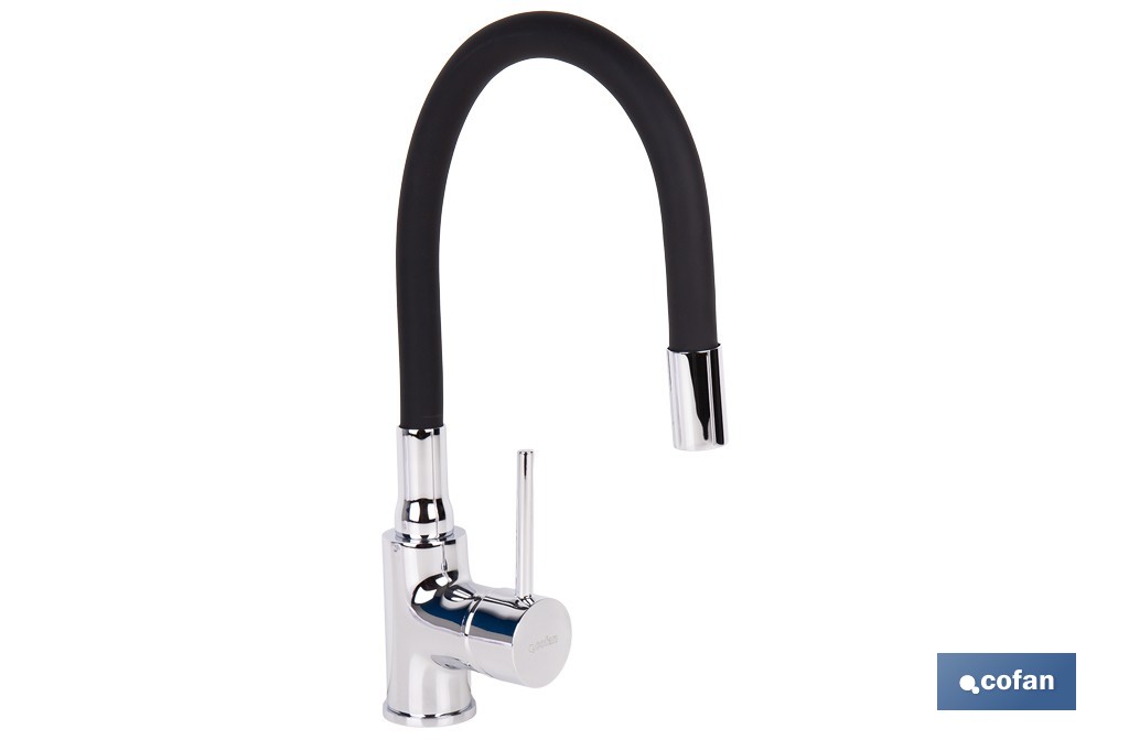 Grifería de cocina monomando con caño flexible negro | Grifo cromado | Incluye 2 latiguillos de 40 cm - Cofan