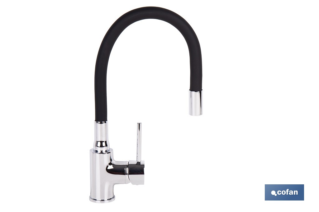 Grifería de cocina monomando con caño flexible negro | Grifo cromado | Incluye 2 latiguillos de 40 cm - Cofan