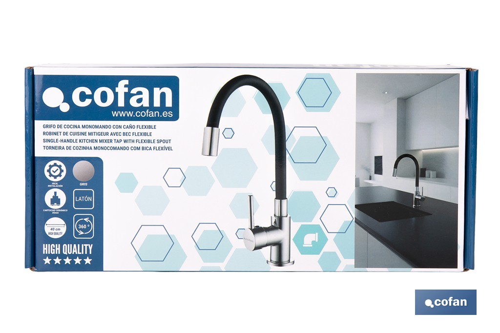 Grifería de cocina monomando con caño flexible negro | Grifo cromado | Incluye 2 latiguillos de 40 cm - Cofan