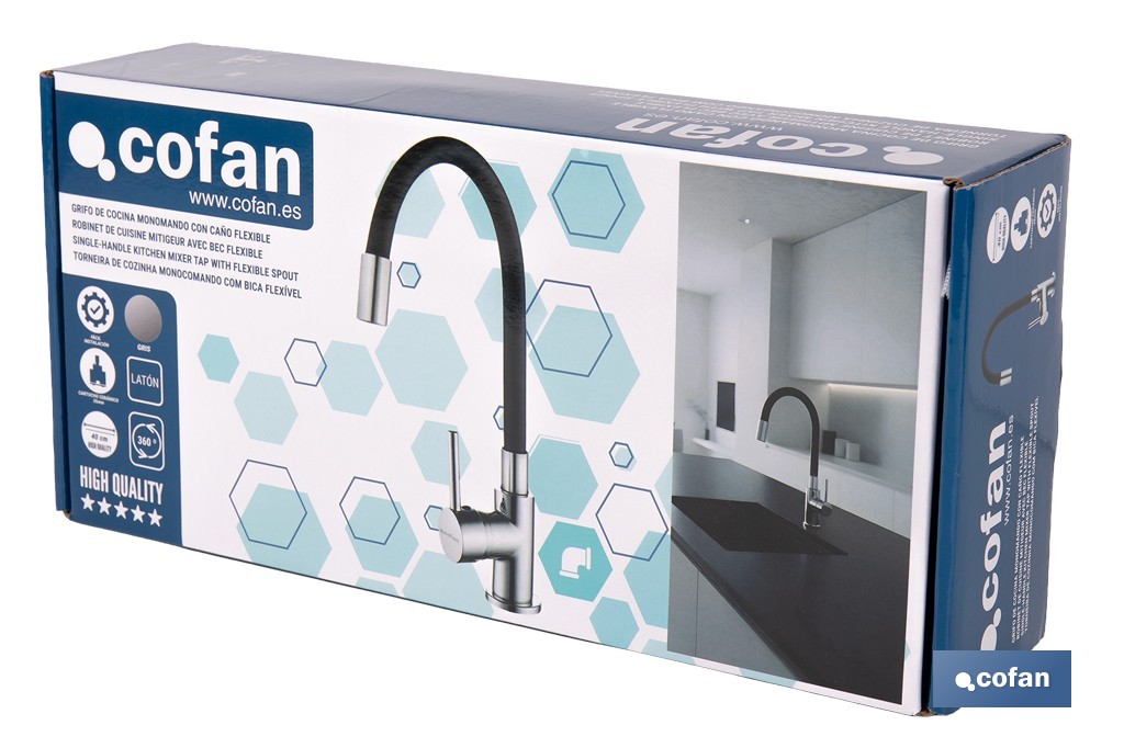 Grifería de cocina monomando con caño flexible negro | Grifo cromado | Incluye 2 latiguillos de 40 cm - Cofan