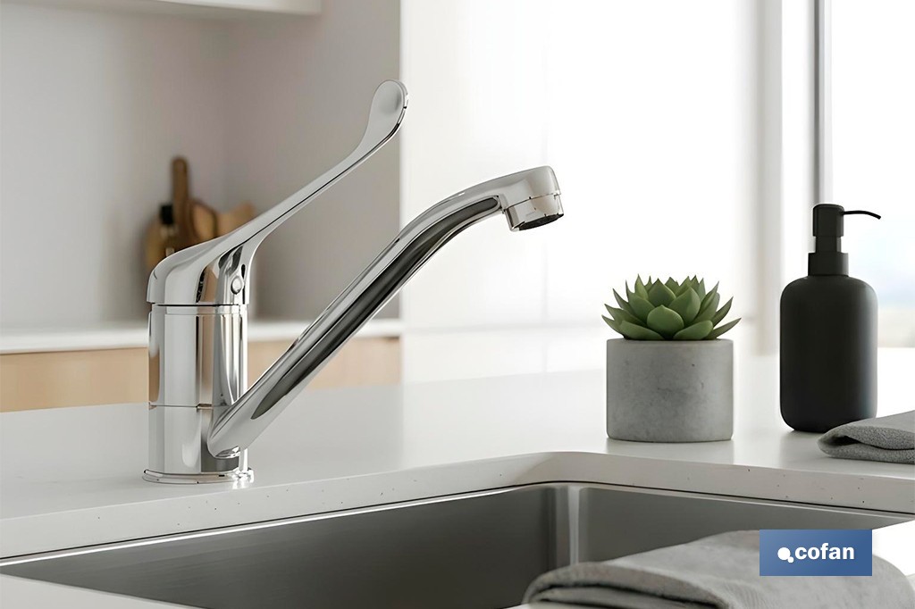 Grifo de cocina monomando con maneta higiénica | Adecuado para hostelería y centros sanitarios | Acabado cromado - Cofan