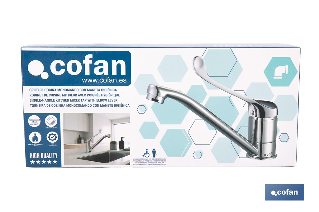 Grifo de cocina monomando con maneta higiénica | Adecuado para hostelería y centros sanitarios | Acabado cromado - Cofan