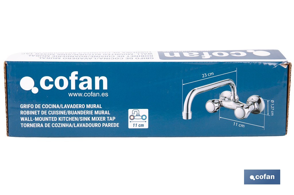 Grifo mezclador de pared con acabado cromado | Adecuado para cocina y lavadero | Disponible en diferentes distancias entre ejes - Cofan