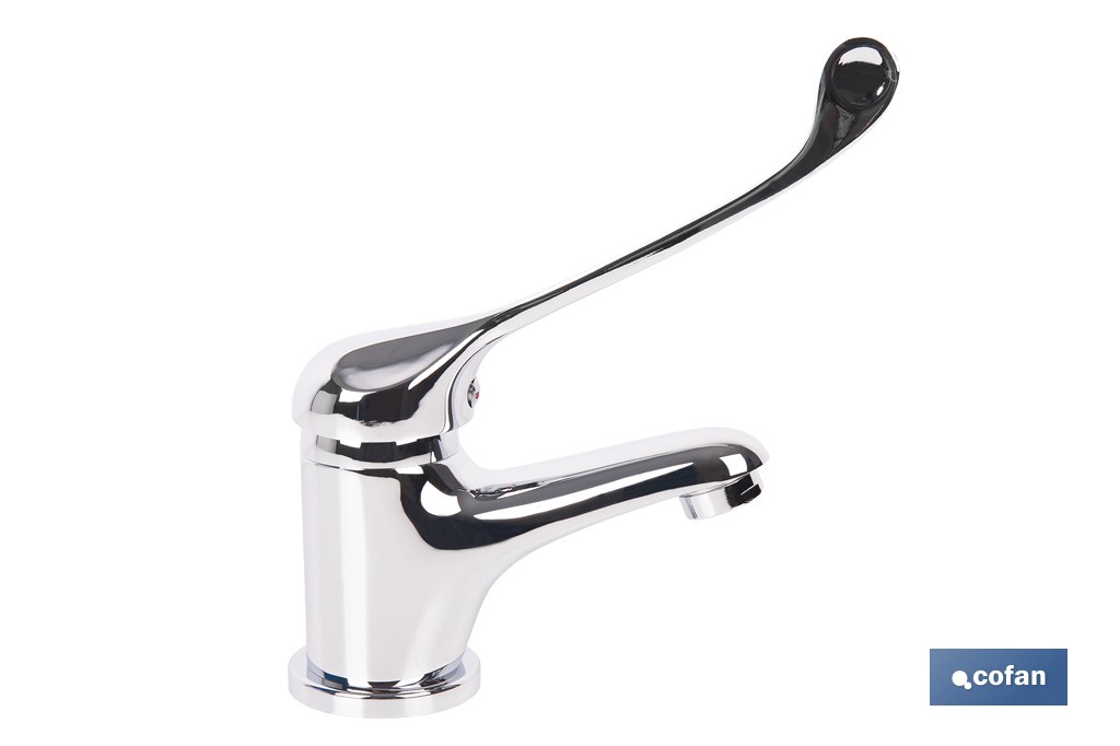 Grifo de lavabo con maneta higiénica larga | Grifo monomando con acabado cromado | Adecuado para hostelería y centros sanitarios - Cofan
