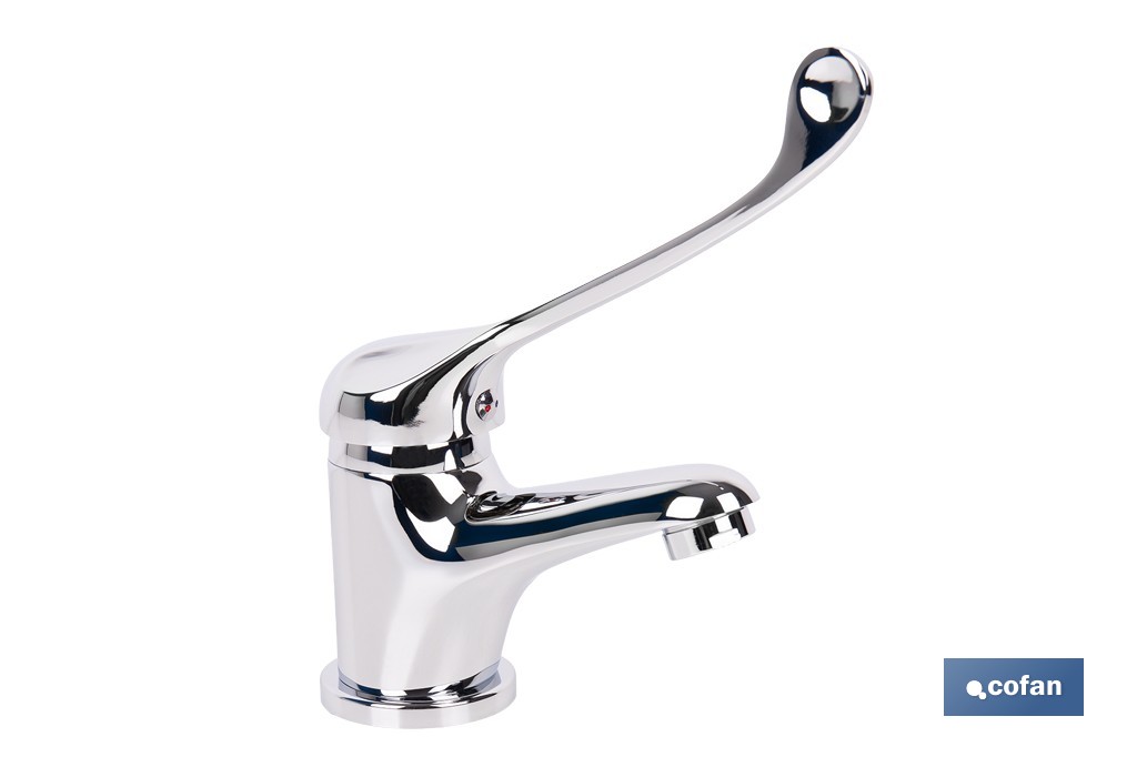 Grifo de lavabo con maneta higiénica larga | Grifo monomando con acabado cromado | Adecuado para hostelería y centros sanitarios - Cofan