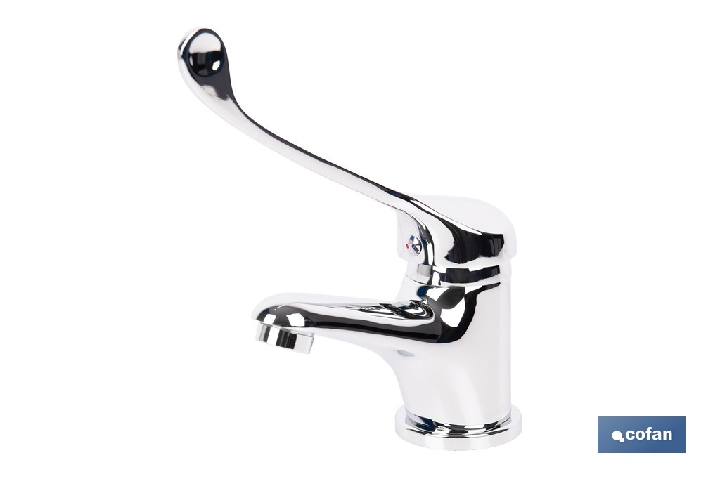 Grifo de lavabo con maneta higiénica larga | Grifo monomando con acabado cromado | Adecuado para hostelería y centros sanitarios - Cofan