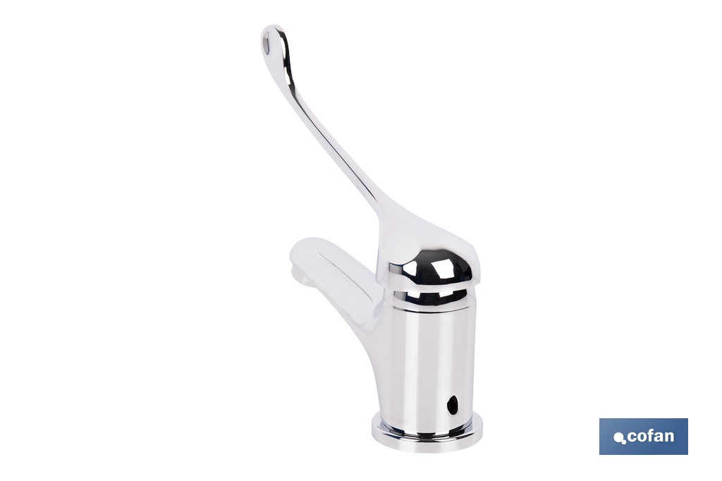 Grifo de lavabo con maneta higiénica larga | Grifo monomando con acabado cromado | Adecuado para hostelería y centros sanitarios - Cofan