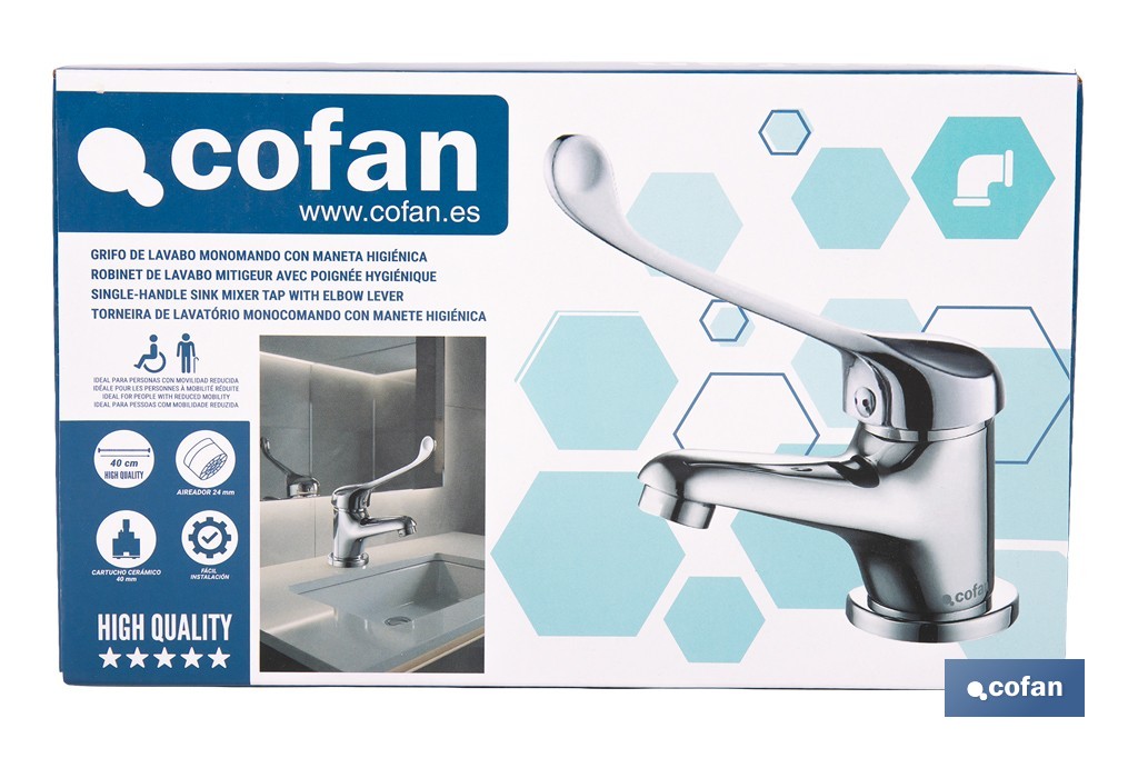 Grifo de lavabo con maneta higiénica larga | Grifo monomando con acabado cromado | Adecuado para hostelería y centros sanitarios - Cofan