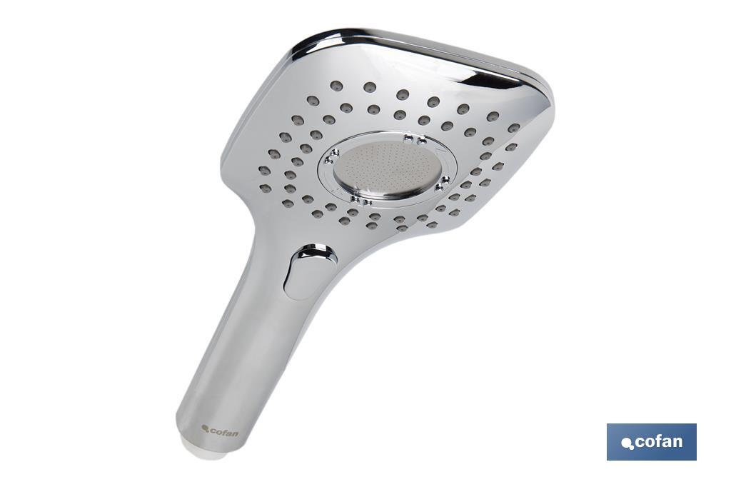 Chrome-plated hand-held shower head | Pushbutton with 3 spray modes | Size: 26 x 11cm - Cofan