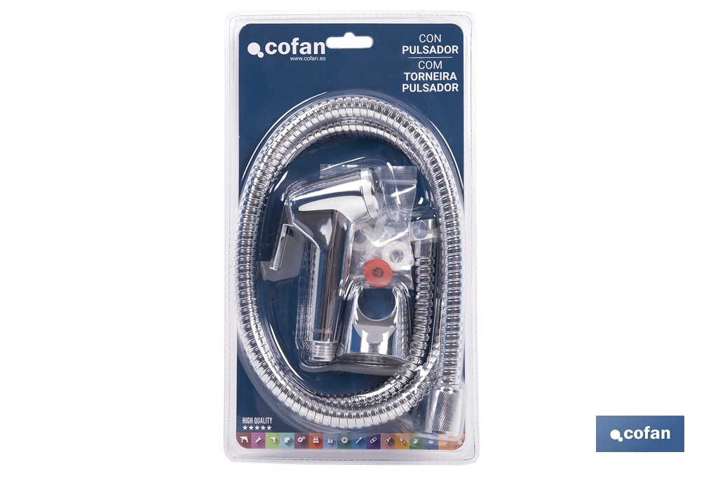 Kit de Torneira de Chuveiro Cromada | Botão de pressão + Cabide + Flexo | Fabricado em ABS Cromado - Cofan