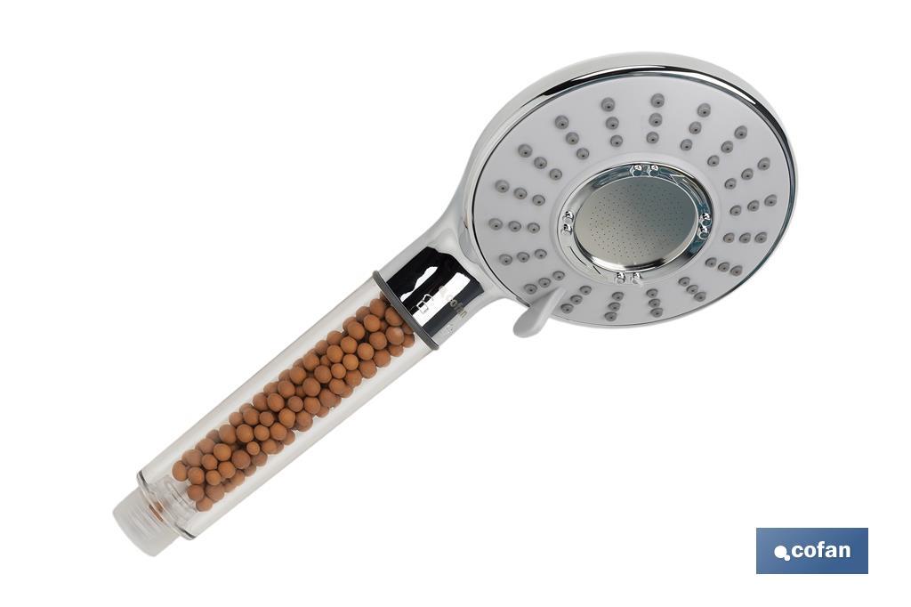 Ionic shower head with red and grey mineral stones | 3 spray settings: rainfall, jetting, massage | Stainless steel and ABS - Cofan