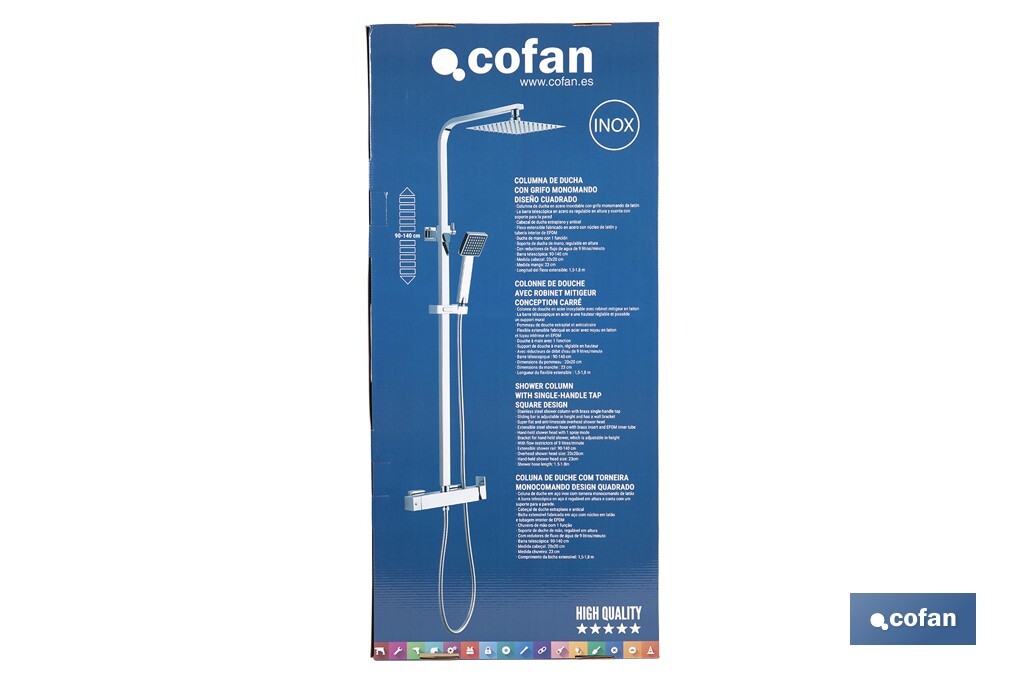 Coluna de ducha com torneira monocomando | Design do cabeçal quadrado | Ajustável em altura - Cofan