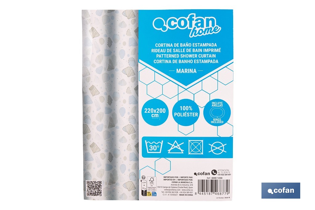 Cortina de baño impermeable con motivos marinos para ducha | Secado rápido, lavable, incluye anillas | Medidas: 220 x 200 cm - Cofan
