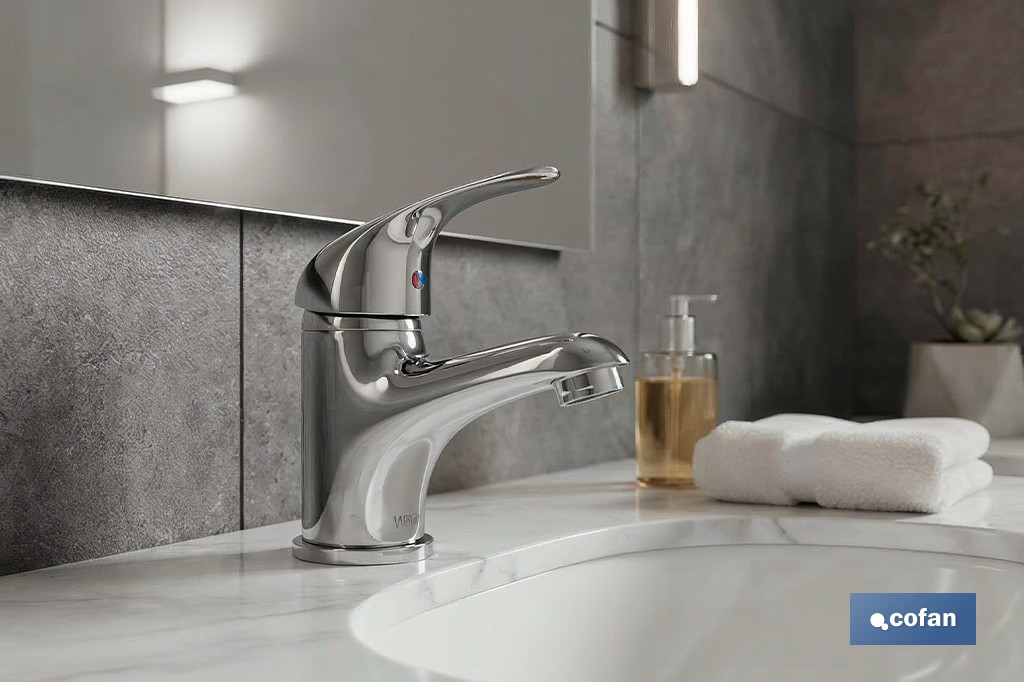 Grifo monomando para lavabo con acabado cromado | Incluye latiguillos y cartucho cerámico de 40 mm | Gama Ölfus - Cofan