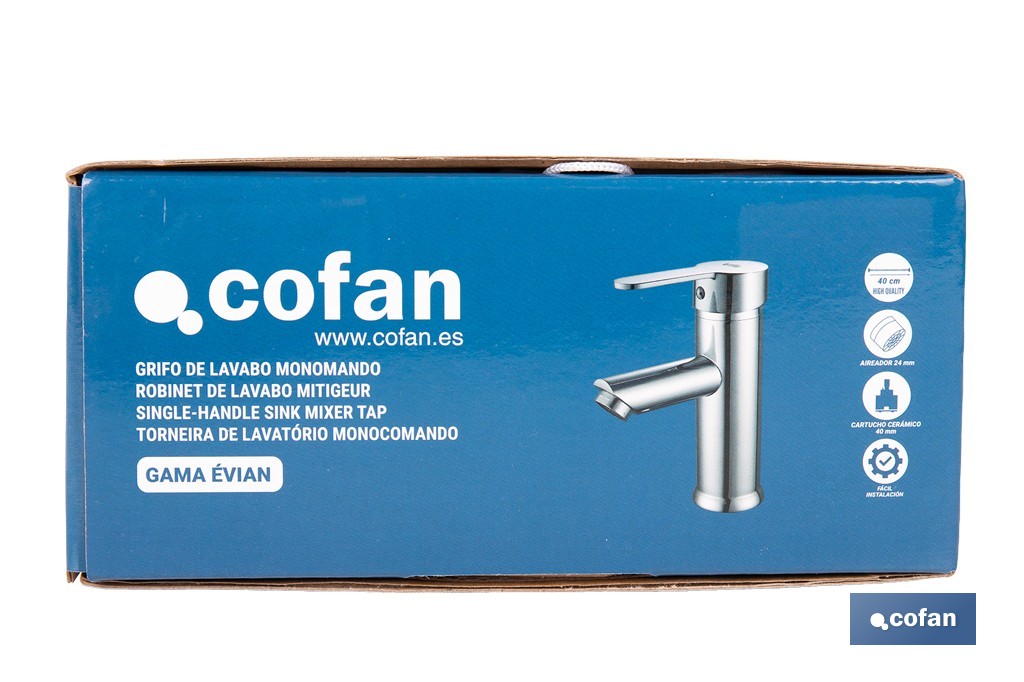 Grifo monomando para lavabo con acabado cromado | Incluye latiguillos de acero inoxidable | Gama Évian - Cofan