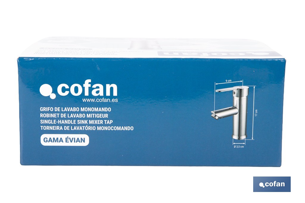 Grifo monomando para lavabo con acabado cromado | Incluye latiguillos de acero inoxidable | Gama Évian - Cofan