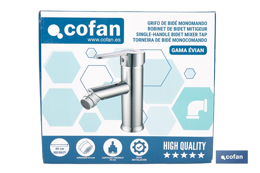 Grifo monomando para bidé con acabado cromado | Incluye latiguillos de acero inoxidable | Gama Évian - Cofan