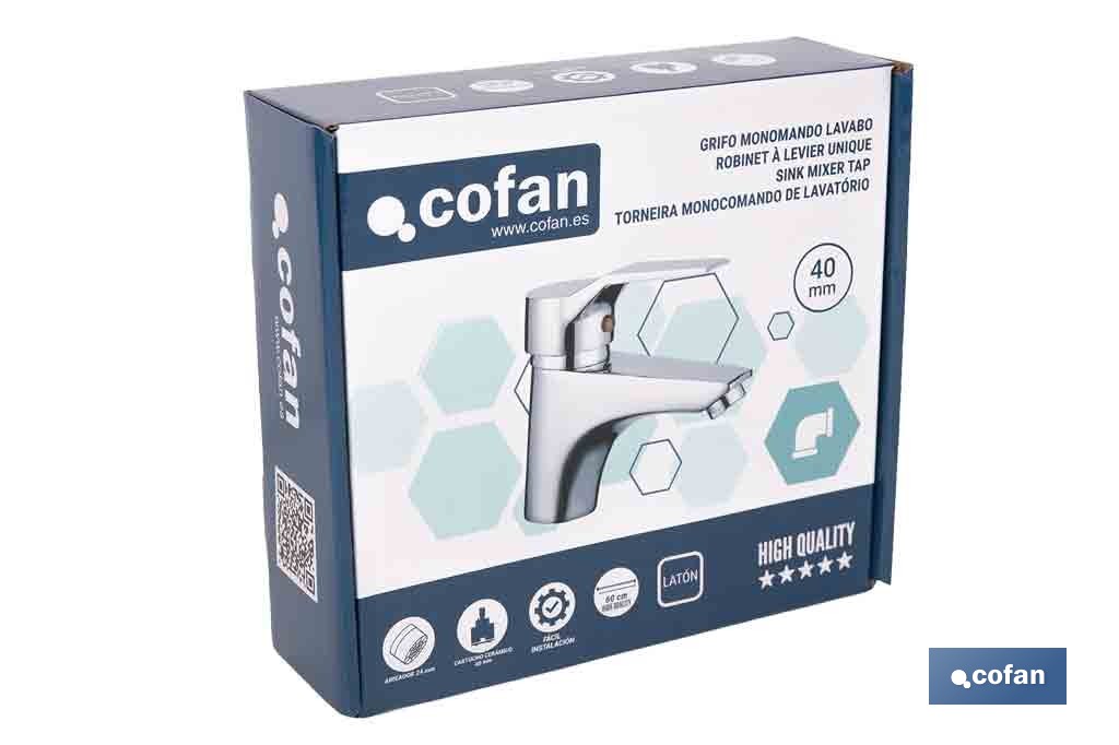 Grifo monomando para lavabo con acabado cromado | Incluye soporte de fijación, latiguillos flexibles y cartucho cerámico de 40 mm - Cofan