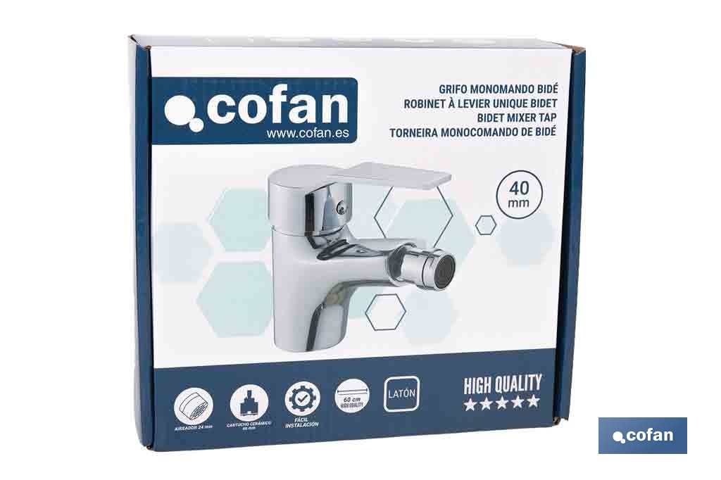 Grifo monomando para bidé con acabado cromado | Incluye soporte de fijación, latiguillos flexibles y cartucho cerámico de 40 mm - Cofan