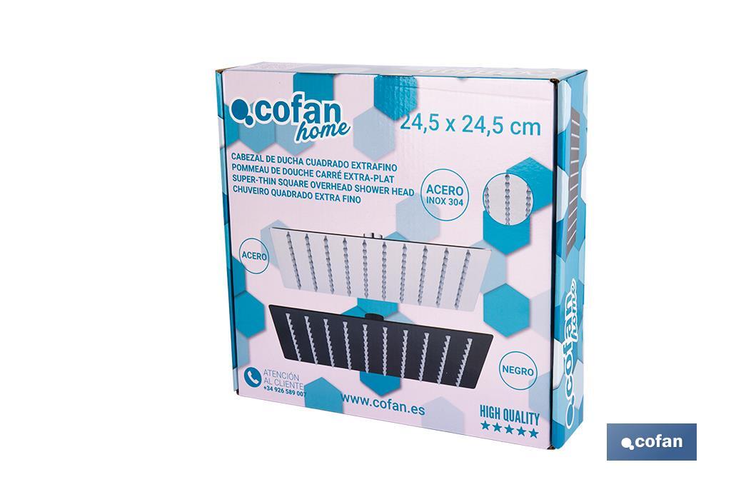 Cabezal de ducha cuadrado orientable | Diseño extrafino | Tecnología antical | Medidas: 24,5 x 24,5 cm | Disponible en acabado negro mate y en acero inoxidable - Cofan
