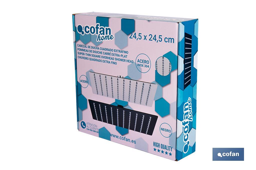 Cabezal de ducha cuadrado orientable | Diseño extrafino | Tecnología antical | Medidas: 24,5 x 24,5 cm | Disponible en acabado negro mate y en acero inoxidable - Cofan