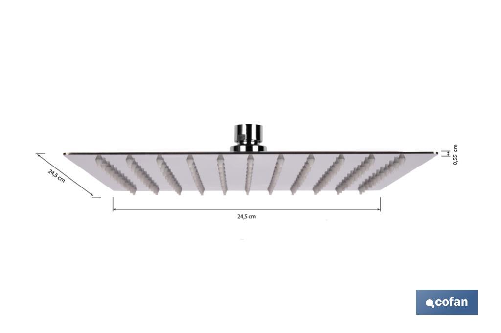 Cabezal de ducha cuadrado orientable | Diseño extrafino | Tecnología antical | Medidas: 24,5 x 24,5 cm | Disponible en acabado negro mate y en acero inoxidable - Cofan
