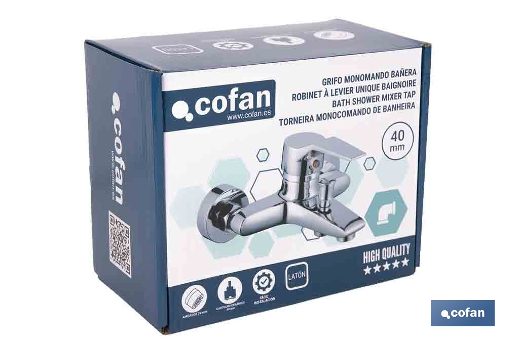 Grifo monomando para bañera con acabado cromado | Incluye excéntricas, embellecedores y cartucho cerámico de 40 mm - Cofan