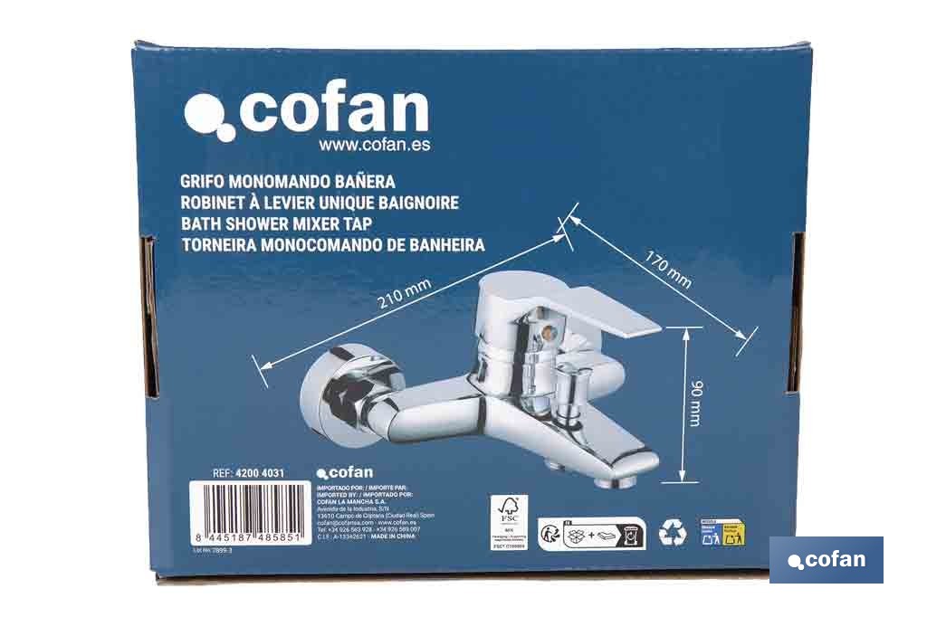 Grifo monomando para bañera con acabado cromado | Incluye excéntricas, embellecedores y cartucho cerámico de 40 mm - Cofan