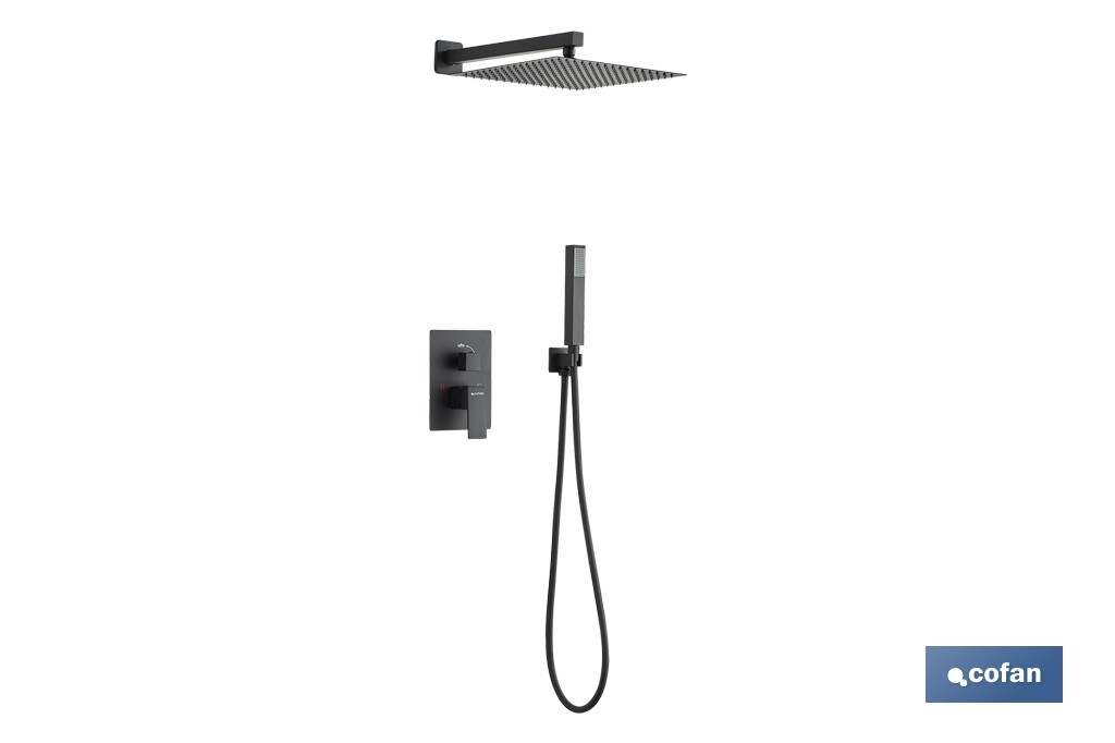 Concealed shower set with black finish | Single-handle shower | 2 outlets | Wall-mounted installation | Square design | Overhead shower head with 2 spray modes | Available in matt black finish - Cofan