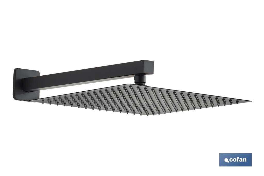 Concealed shower set with black finish | Single-handle shower | 2 outlets | Wall-mounted installation | Square design | Overhead shower head with 2 spray modes | Available in matt black finish - Cofan