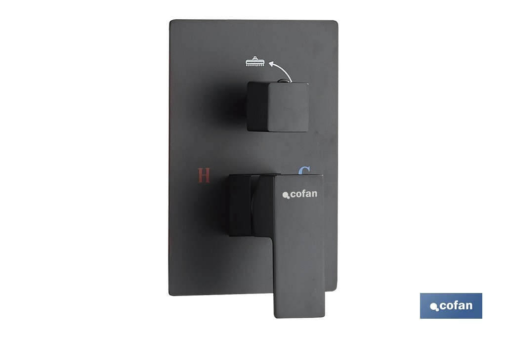 Concealed shower set with black finish | Single-handle shower | 2 outlets | Wall-mounted installation | Square design | Overhead shower head with 2 spray modes | Available in matt black finish - Cofan