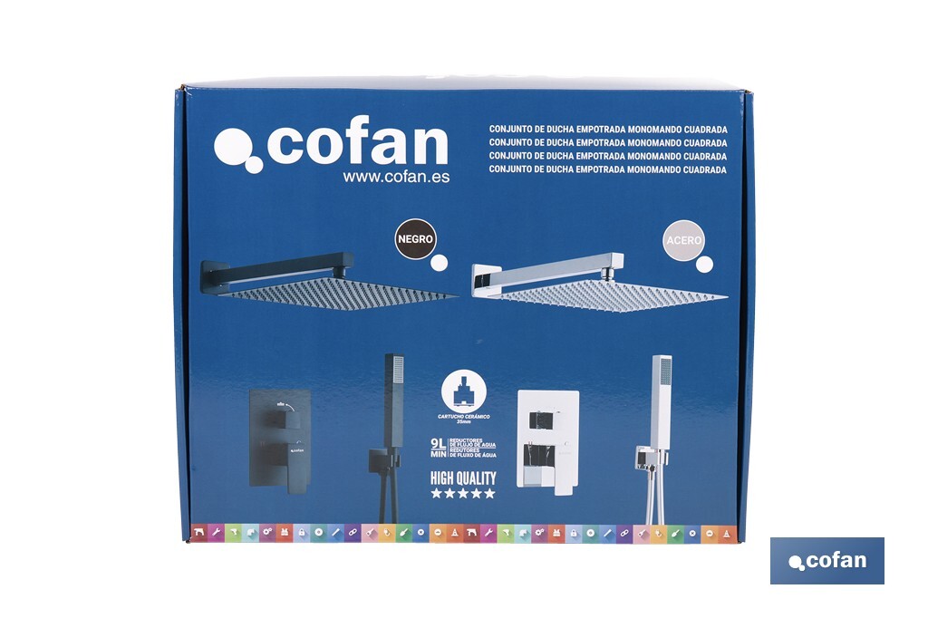 Concealed shower set with black finish | Single-handle shower | 2 outlets | Wall-mounted installation | Square design | Overhead shower head with 2 spray modes | Available in matt black finish - Cofan