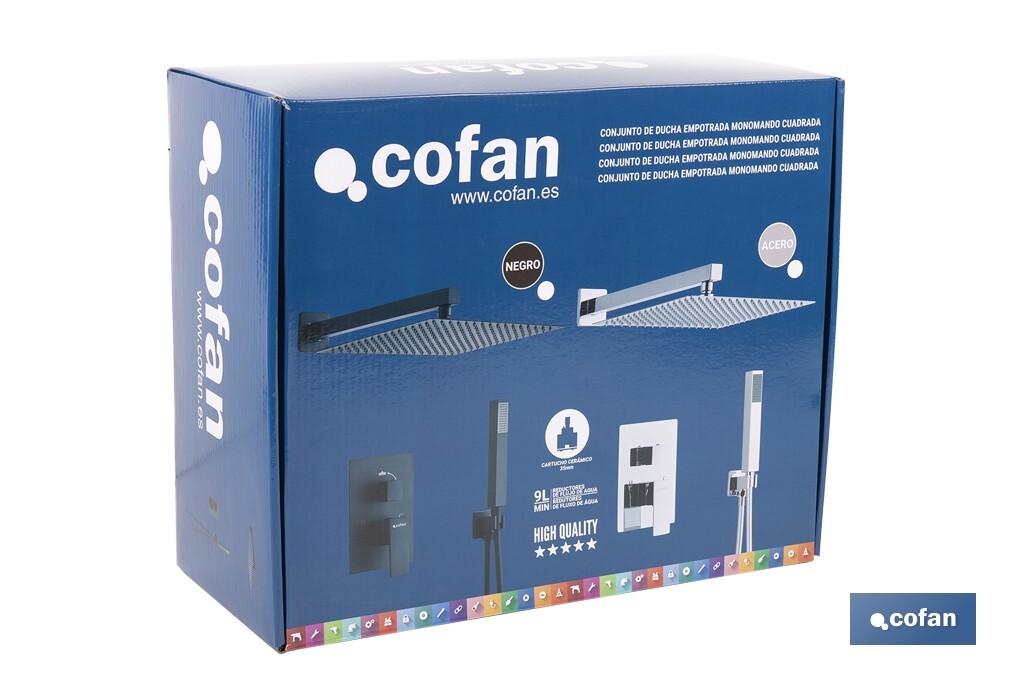 Concealed shower set with black finish | Single-handle shower | 2 outlets | Wall-mounted installation | Square design | Overhead shower head with 2 spray modes | Available in matt black finish - Cofan