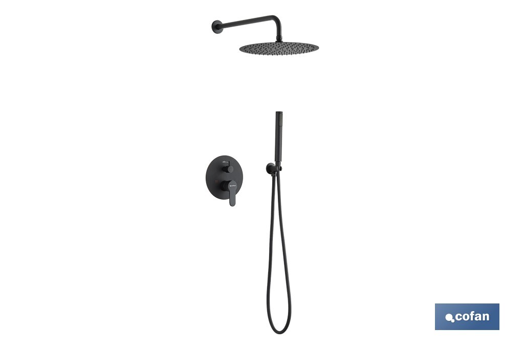 Conjunto de ducha empotrada con diseño redondo y acabado en negro mate | Ducha monomando 2 vías | Instalación en la pared | Rociador con 2 funciones - Cofan