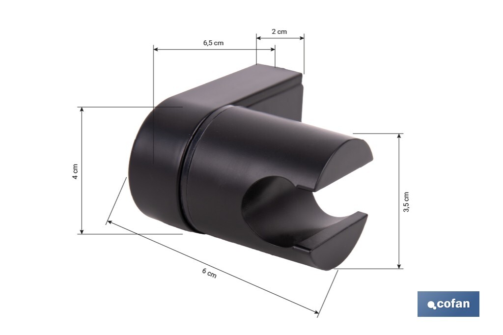 Soporte de ducha para pared | Material: ABS resistente | Soporte ajustable | Medidas: 4 x 6 x 6,5 cm | Disponible en acabado negro - Cofan