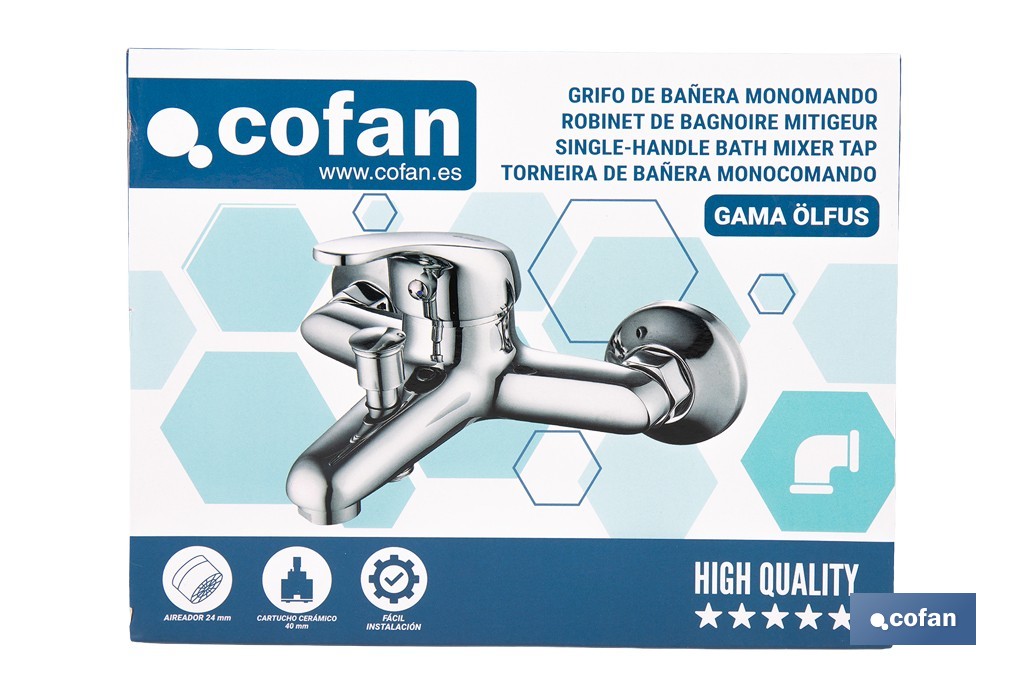 Grifo monomando para bañera con acabado cromado | Incluye cartucho cerámico de 40 mm | Gama Ölfus - Cofan