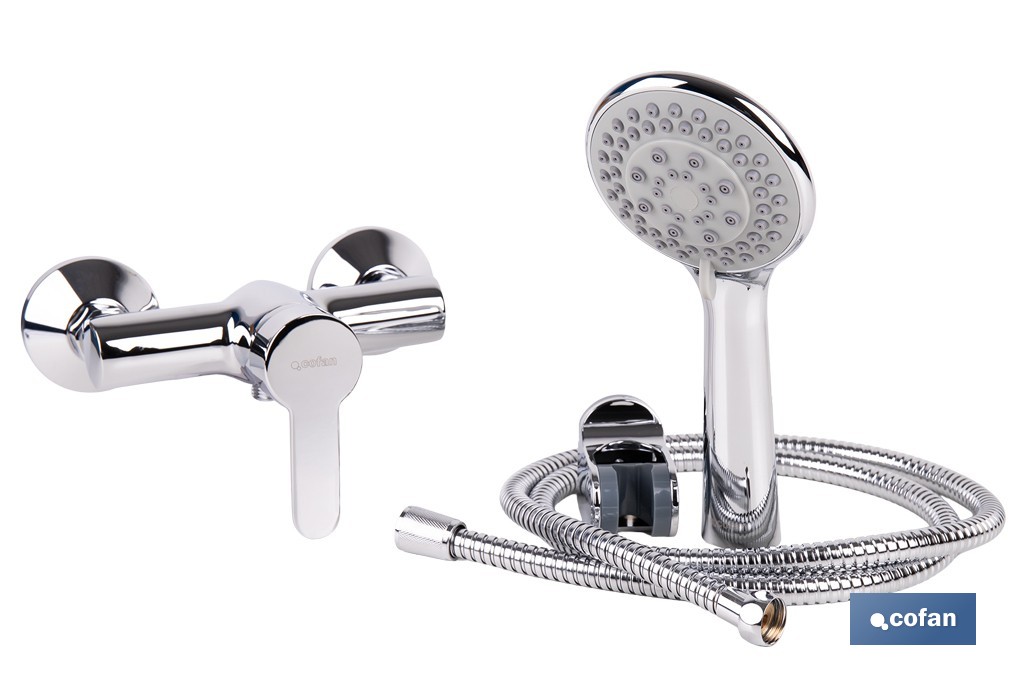 Set de grifo monomando para ducha con acabado cromado, con soporte, flexo mango de ducha, latiguillos y cartucho cerámico de 40 mm | Gama Évian - Cofan