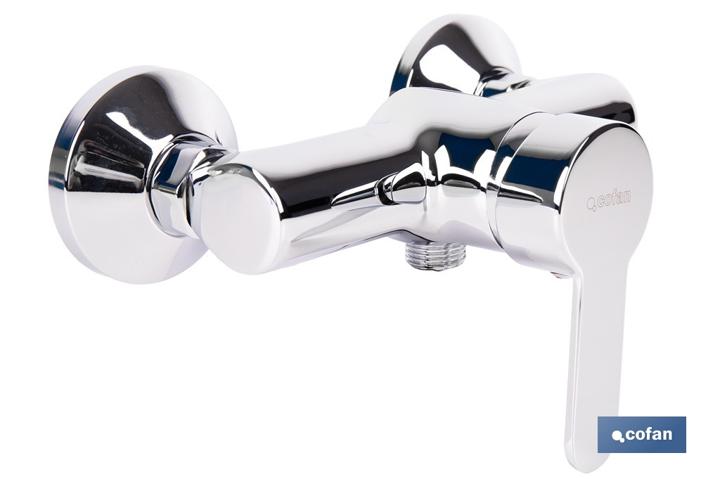 Set de grifo monomando para ducha con acabado cromado, con soporte, flexo mango de ducha, latiguillos y cartucho cerámico de 40 mm | Gama Évian - Cofan