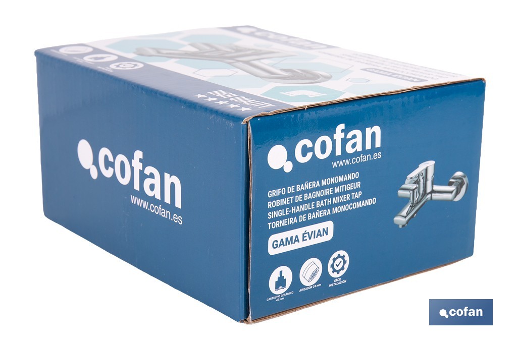Grifo monomando para bañera con acabado cromado | Incluye cartucho cerámico de 40 mm | Gama Évian - Cofan