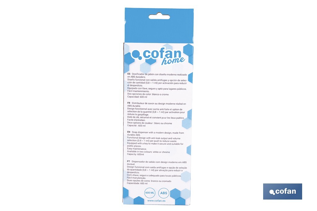 Soap dispenser | Capacity: 600ml | Material: durable ABS | Suitable for commercial use | Available in two different colours - Cofan