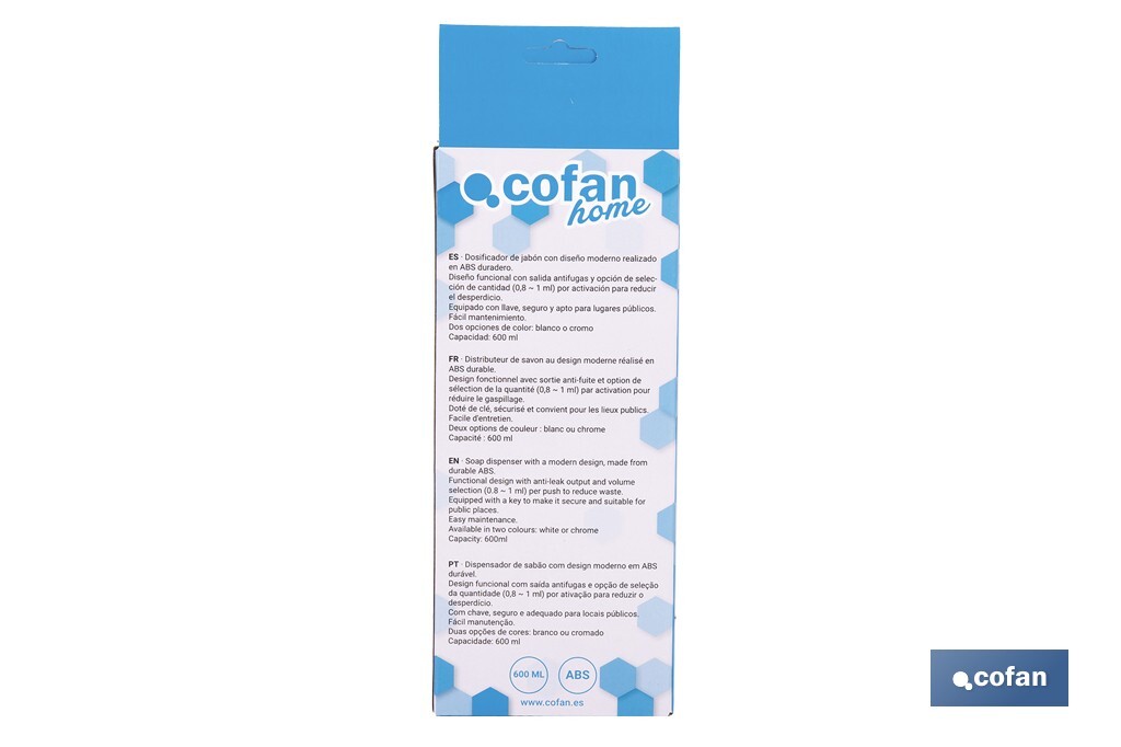 Soap dispenser | Capacity: 600ml | Material: durable ABS | Suitable for commercial use | Available in two different colours - Cofan